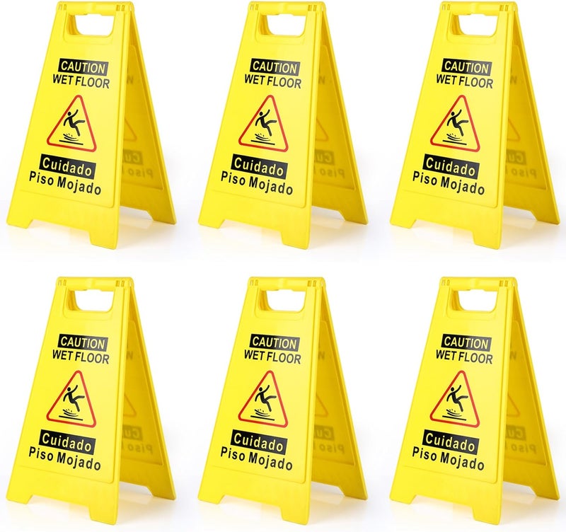 WOUSEDO 6-Pack Caution Wet Floor Sign,17.5" Height,Bright Yellow Double-Sided Folding A-Shaped Frame Design, Bilingual Caution Message - Image 1